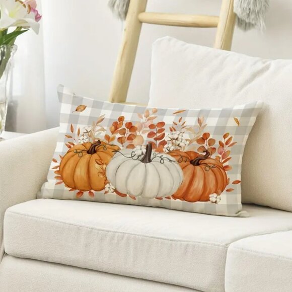 1 Pc Pumpkin Buffalo Plaid Orange Fall Throw Pillow Cover - Pillow Is Included. - Picture 1 of 1